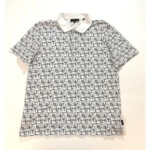Ted Baker Shirt Men 3 White Black Monogram Polo Short Sleeve Collared Modern Fit